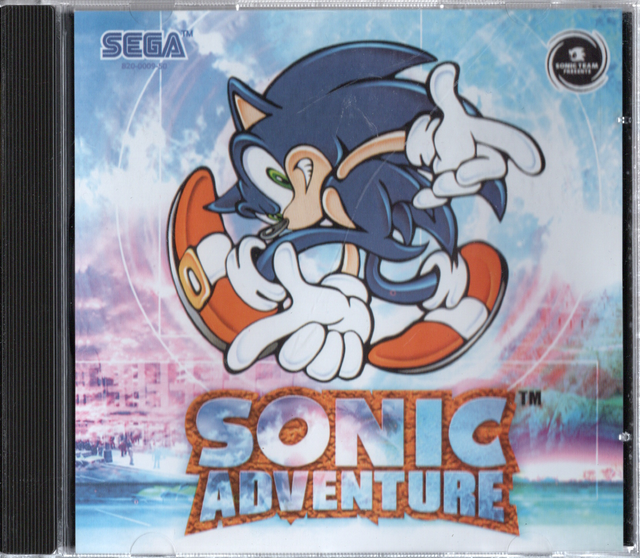 Sega Dreamcast Sonic Adventure, doos voorkant met Sonic die naar voren wijst, tweedehands