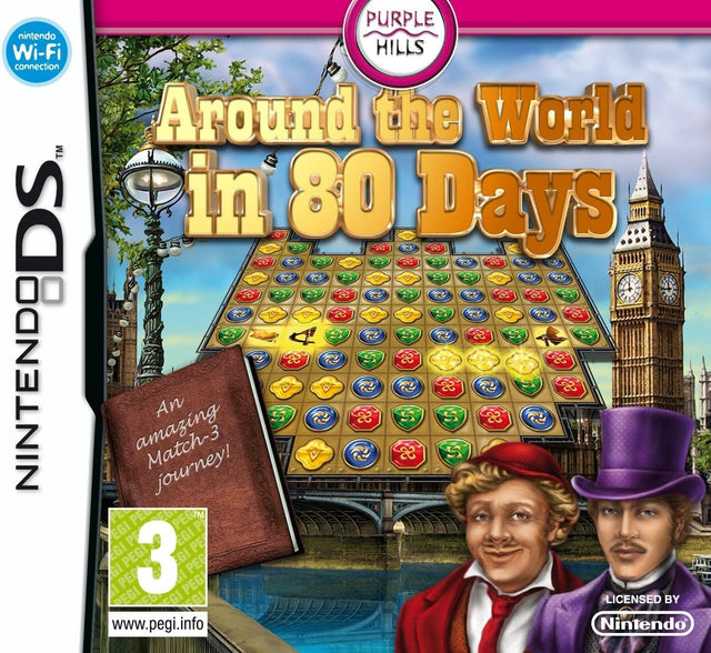 Nintendo DS Around the World in 80 Days van Purple Hills, doos voorkant met match-3-bord en Big Ben, tweedehands