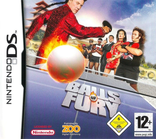 Nintendo DS Balls of Fury van Zoo Digital, doos voorkant met pingpongbal, met USK-label