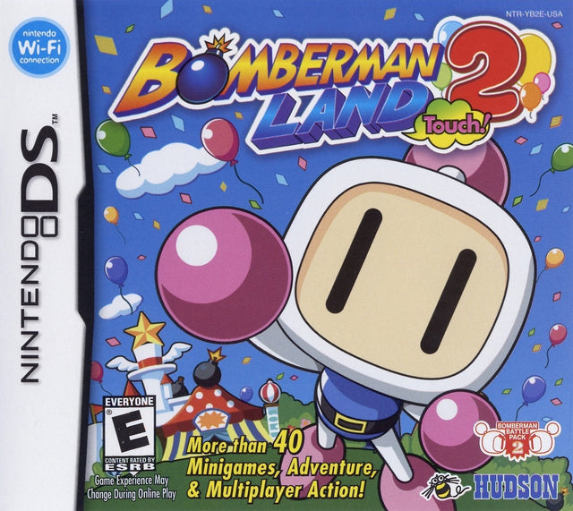 Nintendo DS Bomberman Land Touch 2 van Hudson, doos voorkant met Bomberman en ballonnen, Amerikaanse ESRB-uitgave
