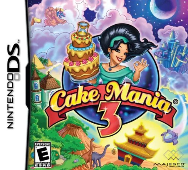 Nintendo DS Cake Mania 3 van Majesco, doos voorkant met Jill en een zandloper-taart, Amerikaanse ESRB-uitgave
