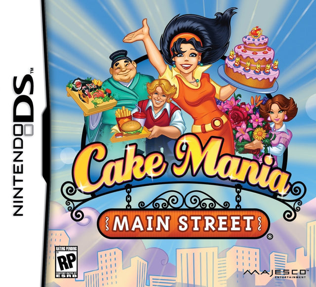 Nintendo DS Cake Mania Main Street van Majesco, doos voorkant met Jill en een taart, Amerikaanse ESRB-uitgave