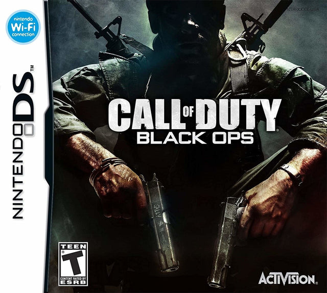 Nintendo DS Call of Duty Black Ops van Activision, doos voorkant met een soldaat met twee pistolen, Amerikaanse ESRB-uitgave