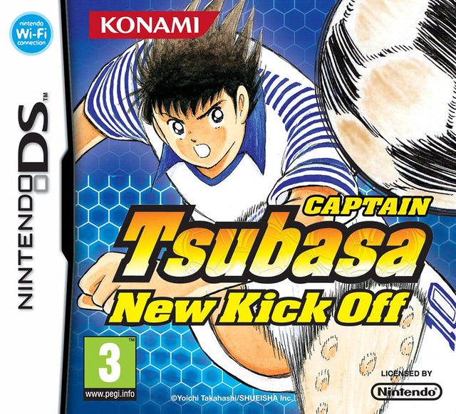 Nintendo DS Captain Tsubasa New Kick Off van Konami, doos voorkant met Tsubasa Ozora en een voetbal, tweedehands