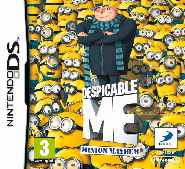 Nintendo DS Despicable Me Minion Mayhem van D3Publisher, doos voorkant met Gru tussen de Minions, tweedehands