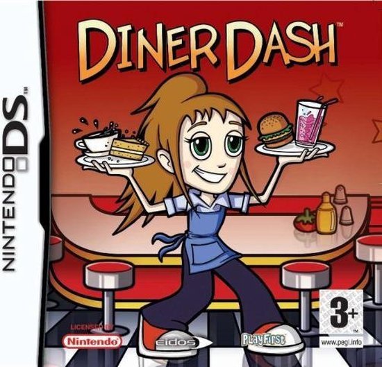 Nintendo DS Diner Dash, doos voorkant met serveerster