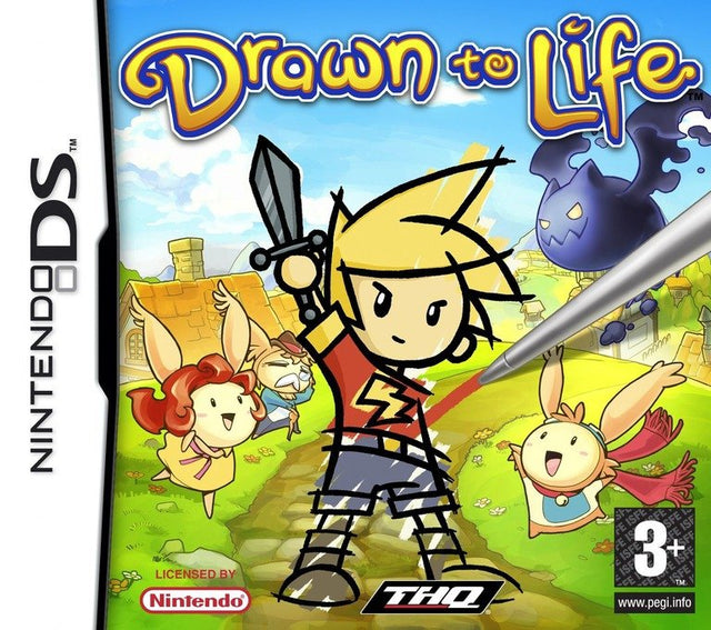 Nintendo DS Drawn to Life van THQ, doos voorkant met een getekende held en een styluspen, tweedehands