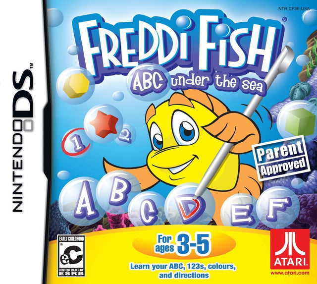Nintendo DS Freddi Fish ABC Under The Sea van Atari, doos voorkant met Freddi Fish en letters, Amerikaanse ESRB-uitgave