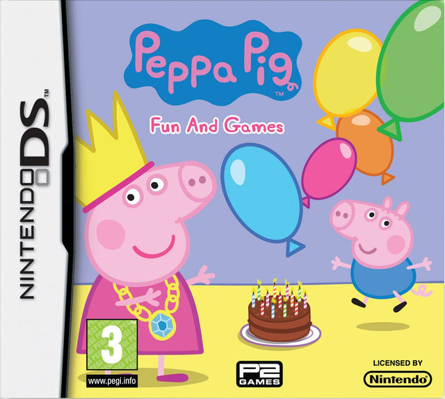 Nintendo DS Peppa Pig Fun And Games van P2 Games, doos voorkant met Peppa met kroon, ballonnen en taart, tweedehands