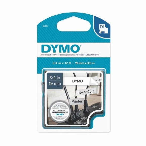 Dymo D1 tape 16958 S0718050, zwart op wit, 19 mm, flexibele labeltape, blisterverpakking voorkant