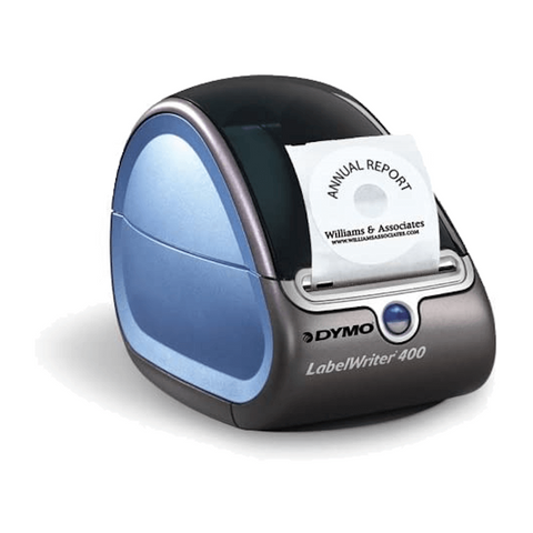 Dymo LabelWriter 400 labelprinter, blauw-zwart, schuin van voren met een geprint label