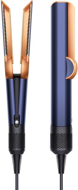 Dyson Airstrait stijltang, Prussian Blue met Rich Copper, open en gesloten naast elkaar, tweedehands