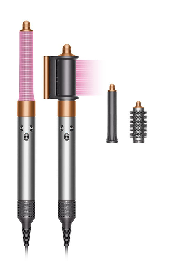 Dyson Airwrap Origin Styler HS05, copper en nickel, twee aanzichten van de styler met krultang, föhn-opzetstuk en borstel