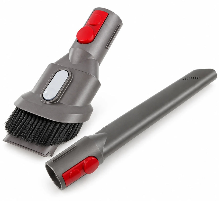 Dyson combinatieborstel en kierenzuiger set voor V7, V8, V10, V11 en V15, grijs met rode click-fit knoppen, schuin van voren