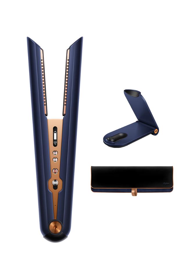 Dyson Corrale stijltang, blauw-koper, met standaard en opbergcase, tweedehands