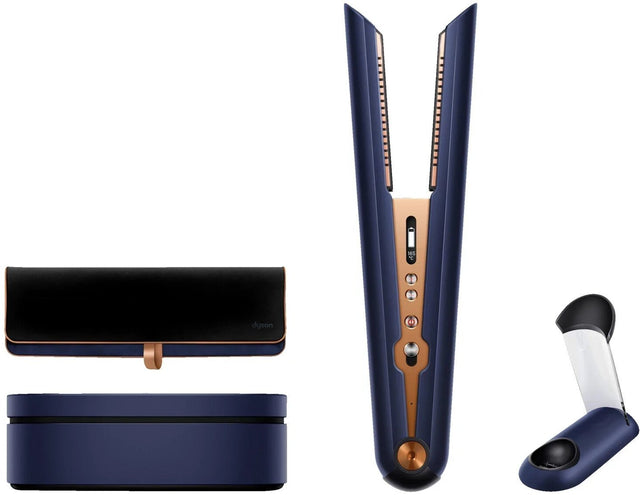 Dyson Corrale stijltang, blauw-koper, met oplaadstation, leren etui en standaard, tweedehands