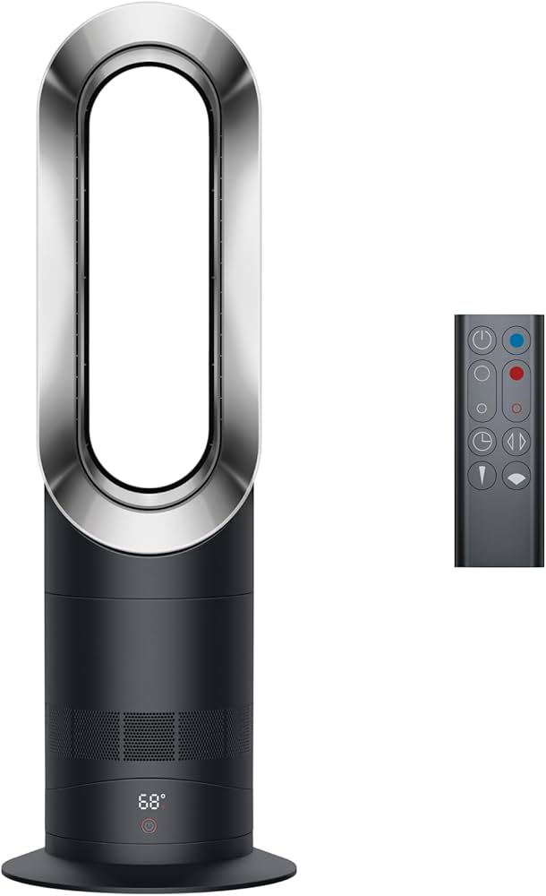 Dyson Hot+Cool AM09 ventilatorkachel, Black Nickel zwart met zilver, voorkant met afstandsbediening ernaast, tweedehands