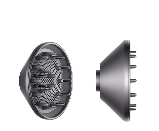 Dyson Supersonic diffuser, Iron donkergrijs, voorkant en zijkant naast elkaar, tweedehands