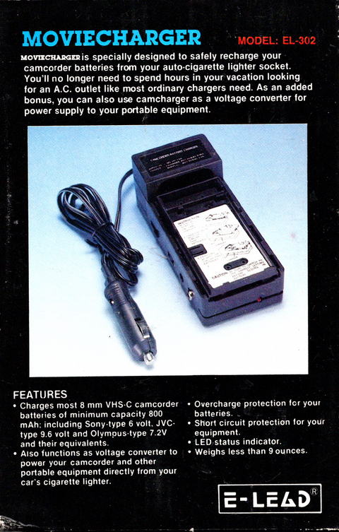 E-Lead-Moviecharger / Acculader voor 8 mm VHS-C Camcorder Batterijen - EL-302 (Nieuw)