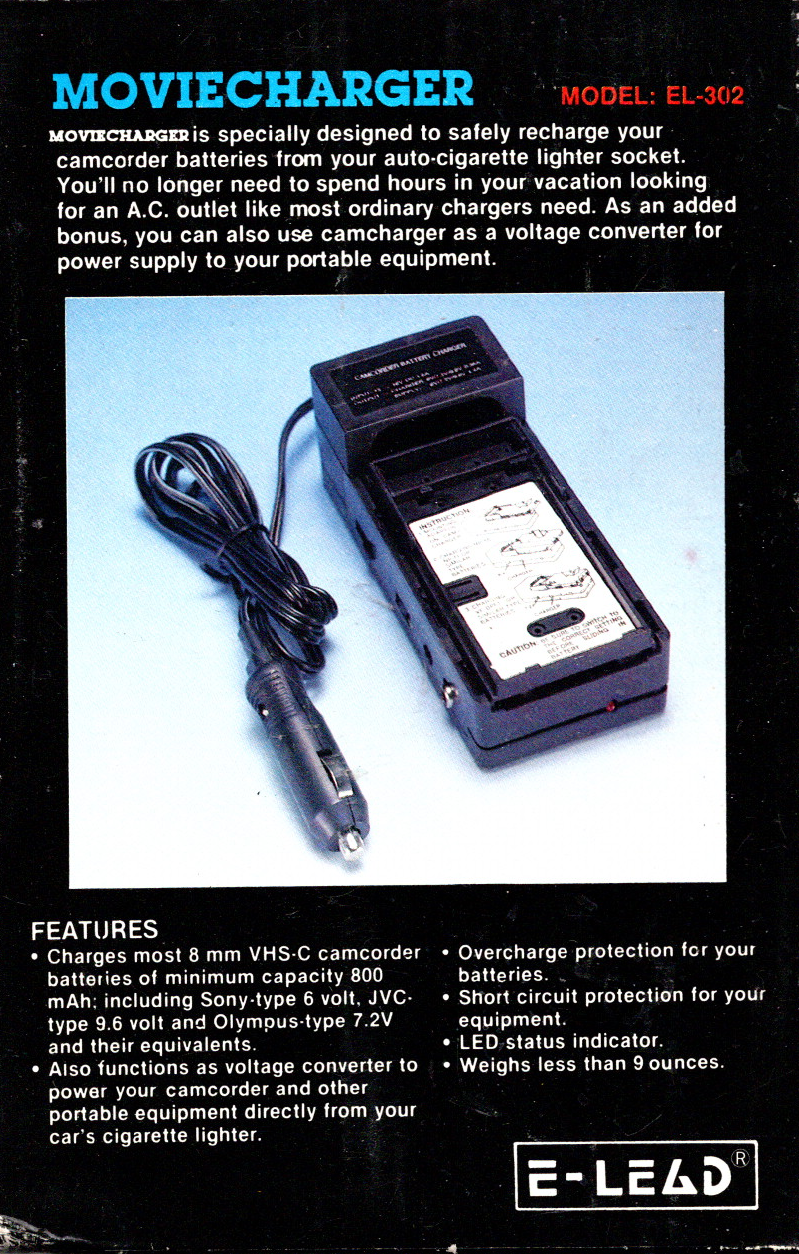 E-Lead-Moviecharger / Acculader voor 8 mm VHS-C Camcorder Batterijen - EL-302 (Nieuw)