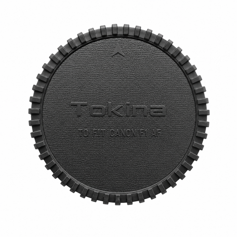 Tokina achterlensdop voor Canon EF-mount, zwart met Tokina-logo, opdruk To fit Canon EF AF en getande rand, voorkant