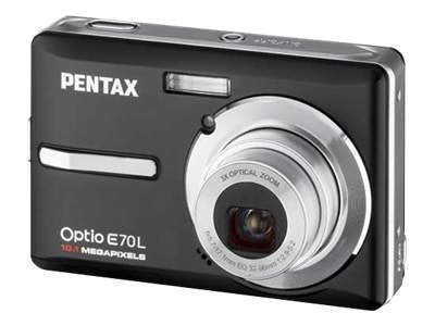 Pentax Optio E70L digitale compactcamera, zwart, schuin van voren met 3x-zoomlens, tweedehands