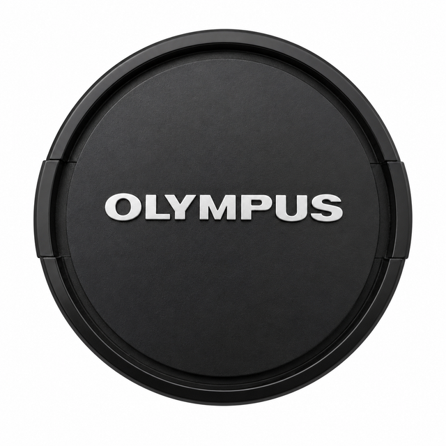 Olympus lensdop 55mm, zwart met wit Olympus-logo en klemmen aan de zijkant, voorkant