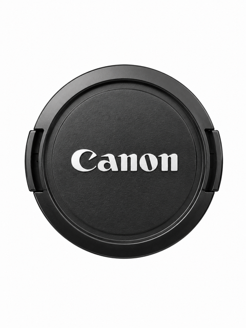 Canon lensdop 52mm, zwart met wit Canon-logo en knijpklemmen aan de zijkant, voorkant