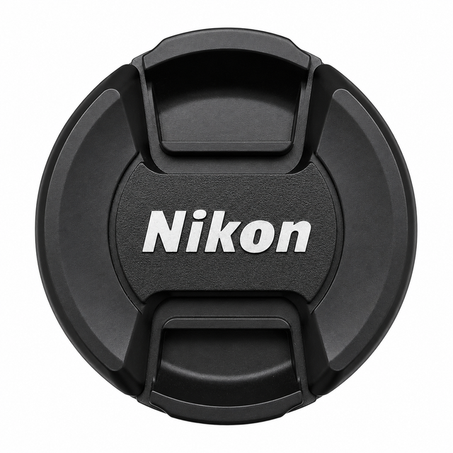 Nikon lensdop, zwart, ronde dop met Nikon-opschrift en knijpclips van voren