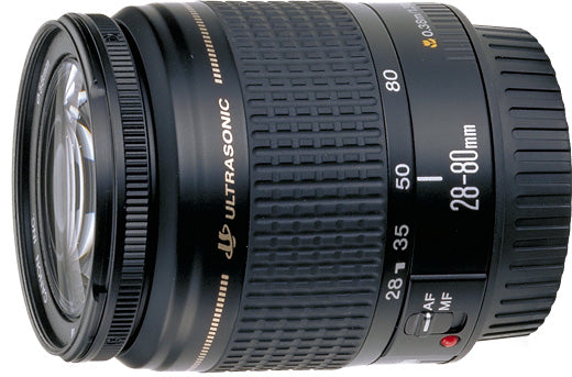 Canon EF 28-80mm f/3.5-5.6 IV USM zoomlens, zijkant met zoomring en AF-MF-schakelaar, tweedehands