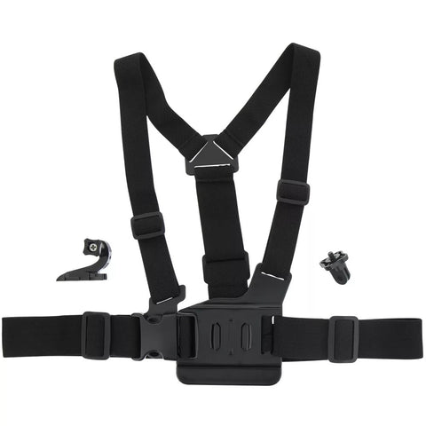 Essentielb borstharnas voor actioncameras, zwart, met camerabevestiging