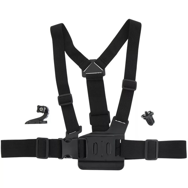 Essentielb borstharnas voor actioncameras, zwart, met camerabevestiging