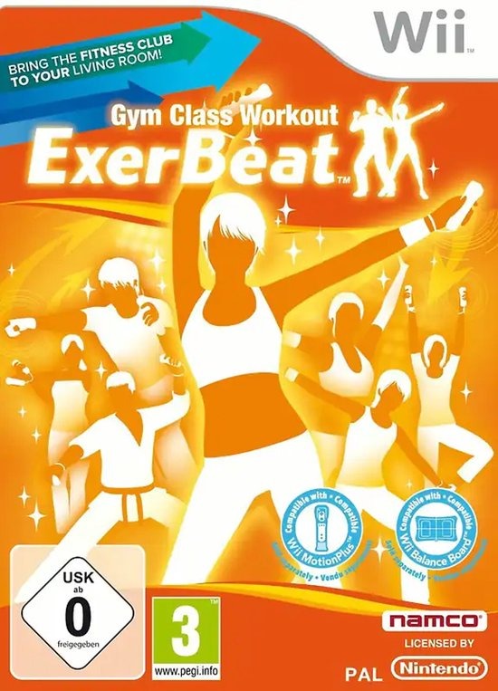 Nintendo Wii ExerBeat Gym Class Workout van Namco, oranje doos voorkant met sporters, USK-label, tweedehands