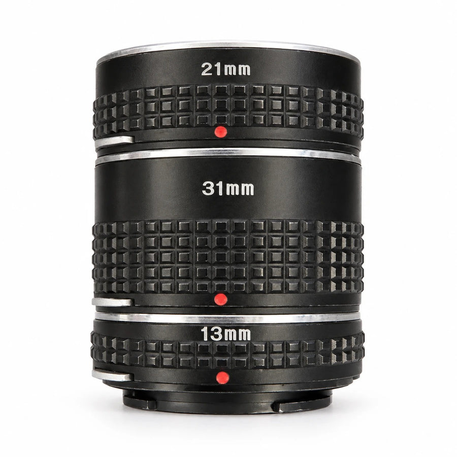 Extension tube set 13/21/31 mm voor Minolta MD/MC, zwart, drie tussenringen op elkaar gestapeld van voren, tweedehands