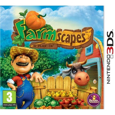 Nintendo 3DS Farmscapes, doos voorkant met boer, koe en groentekraam, tweedehands