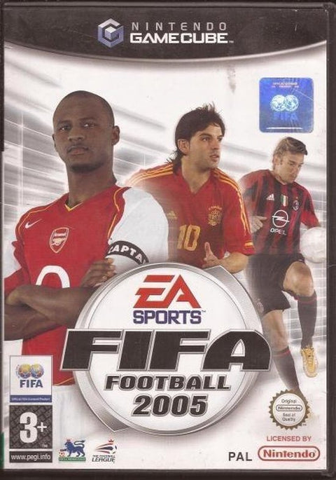 Nintendo GameCube FIFA Football 2005 van EA Sports, doos voorkant met drie voetballers, tweedehands