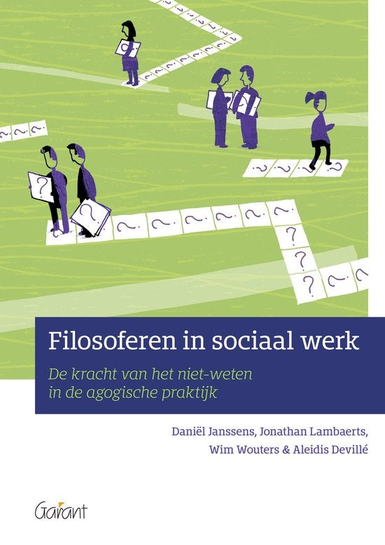 Filosoferen in sociaal werk, Daniël Janssens, groene omslag met figuurtjes op een pad met vraagtekens, tweedehands
