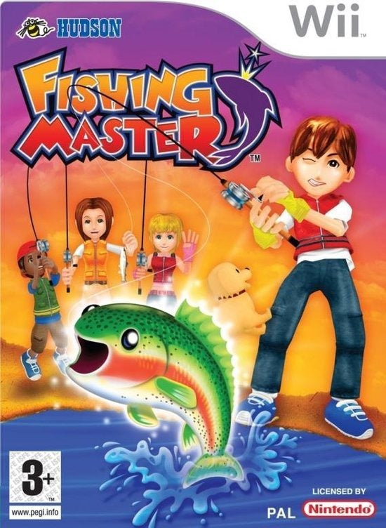 Nintendo Wii Fishing Master van Hudson, doos voorkant met jongen en springende forel, tweedehands