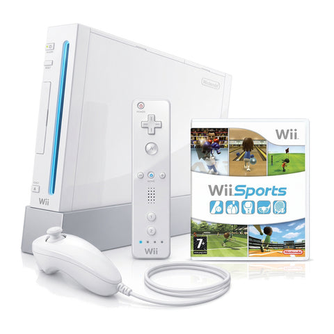 Nintendo Wii console, wit, met afstandsbediening, nunchuk en Wii Sports, tweedehands