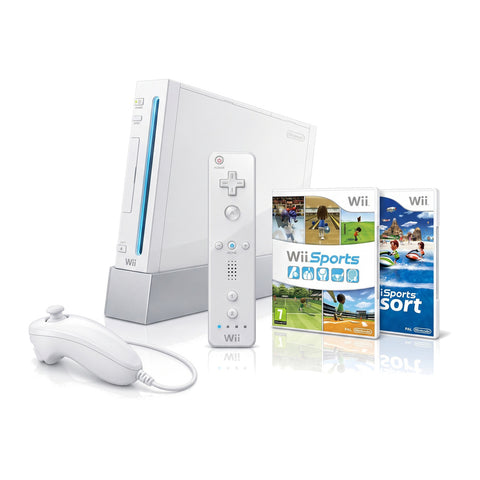 Nintendo Wii console, wit, met afstandsbediening, nunchuk, Wii Sports en Wii Sports Resort, tweedehands