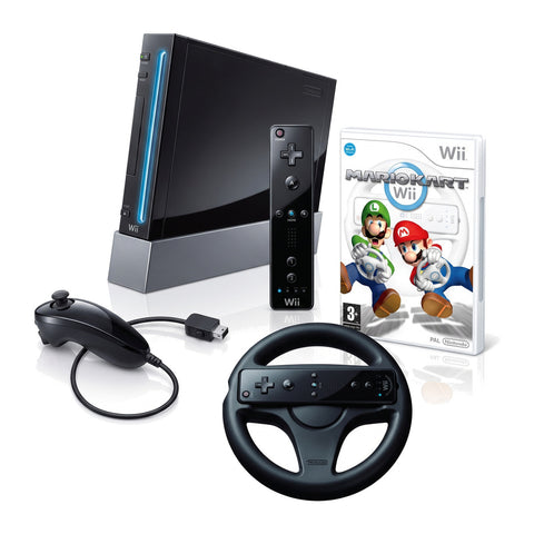 Nintendo Wii console, zwart, met afstandsbediening, nunchuk, Wii Wheel en Mario Kart Wii, tweedehands
