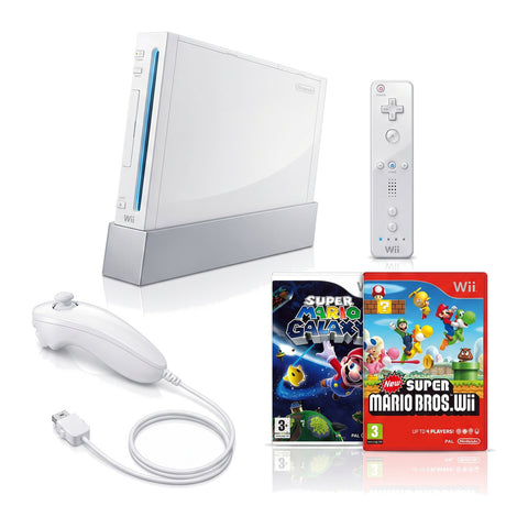 Nintendo Wii console, wit, met afstandsbediening, nunchuk, Super Mario Galaxy en New Super Mario Bros, tweedehands