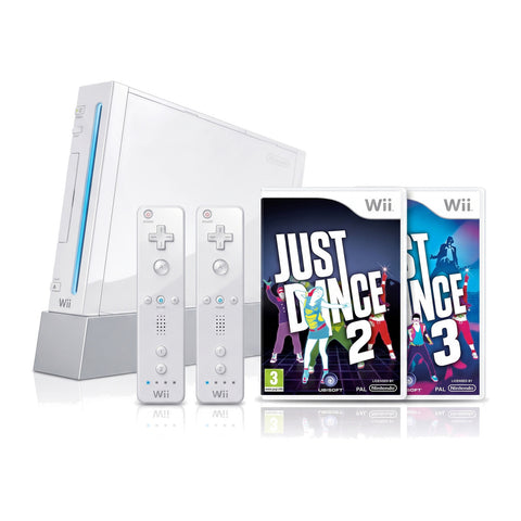 Nintendo Wii console, wit, met twee afstandsbedieningen, Just Dance 2 en Just Dance 3, tweedehands