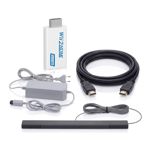 Wii HDMI-kabelset met adapter, HDMI-kabel, stroomkabel en sensorbar, overzicht van de inhoud, tweedehands