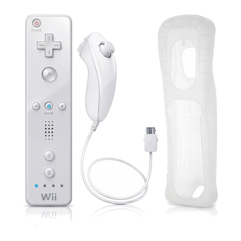 Nintendo Wii controllerset wit, overzicht van remote, nunchuk en siliconen cover, tweedehands