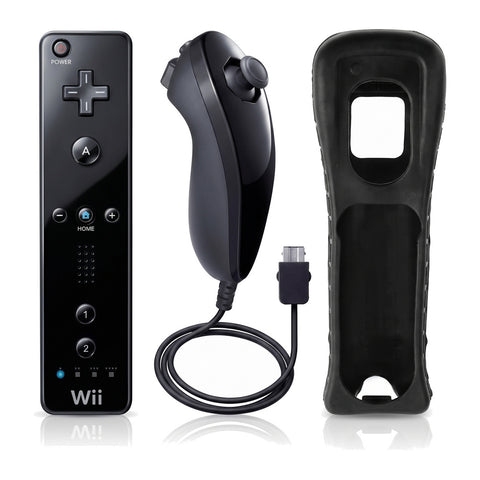 Nintendo Wii controllerset zwart, overzicht van remote, nunchuk en siliconen cover, tweedehands