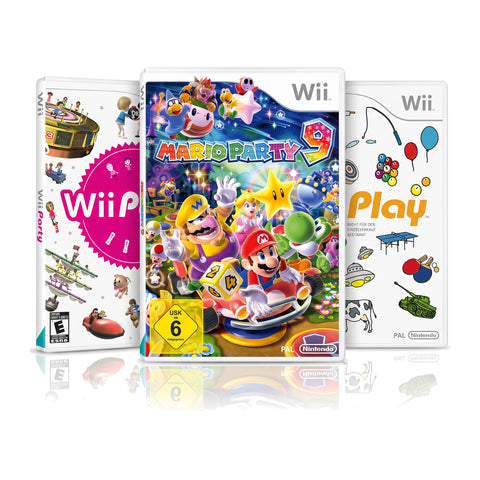 Nintendo Wii party gameset met Wii Party, Mario Party 9 en Wii Play, drie doosvoorkanten, tweedehands