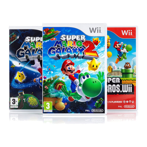 Nintendo Wii Mario gameset met Super Mario Galaxy 1 en 2 en New Super Mario Bros, drie doosvoorkanten, tweedehands