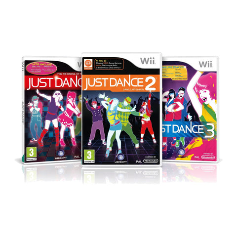 Nintendo Wii Just Dance gameset met Just Dance 1, 2 en 3, drie doosvoorkanten, tweedehands