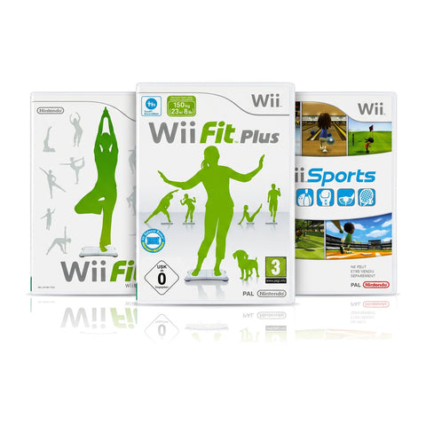 Nintendo Wii fitness gameset met Wii Fit, Wii Fit Plus en Wii Sports, drie doosvoorkanten, tweedehands